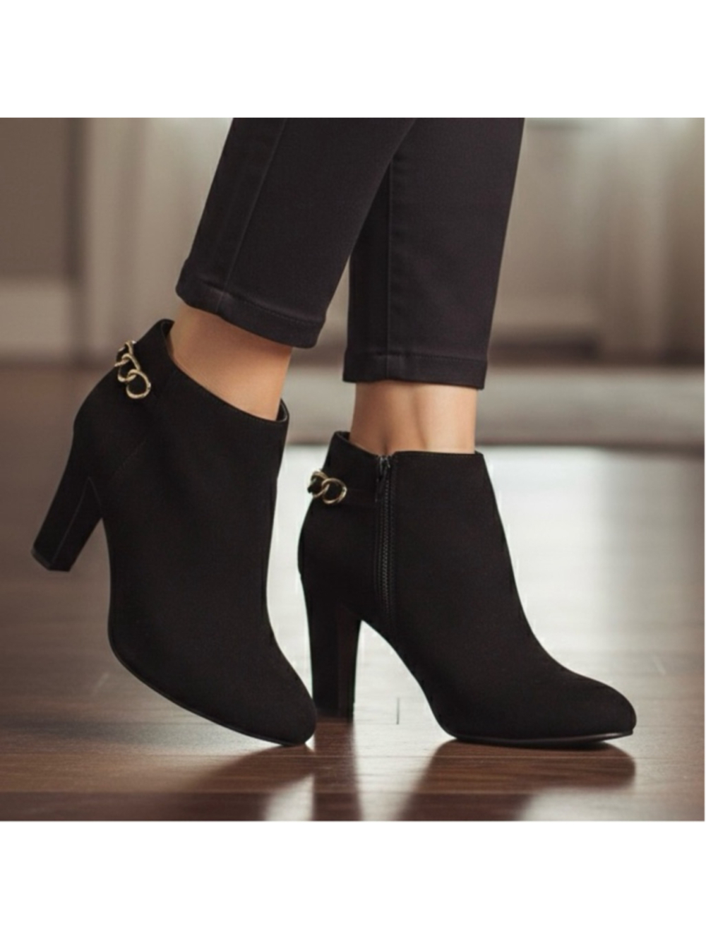 Impo Tesalyn Black Faux Suede Chain Back Heeled Booties Size 10